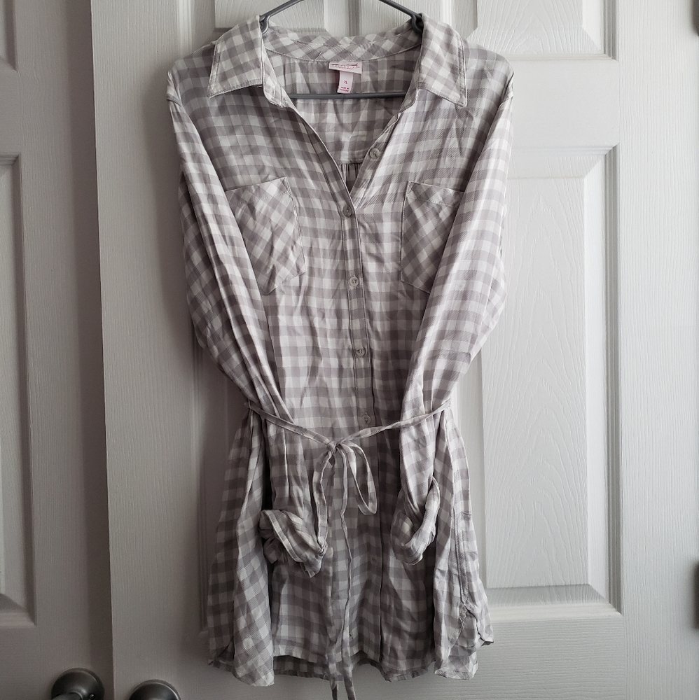 Gray Plaid Button Down Shirt Tunic